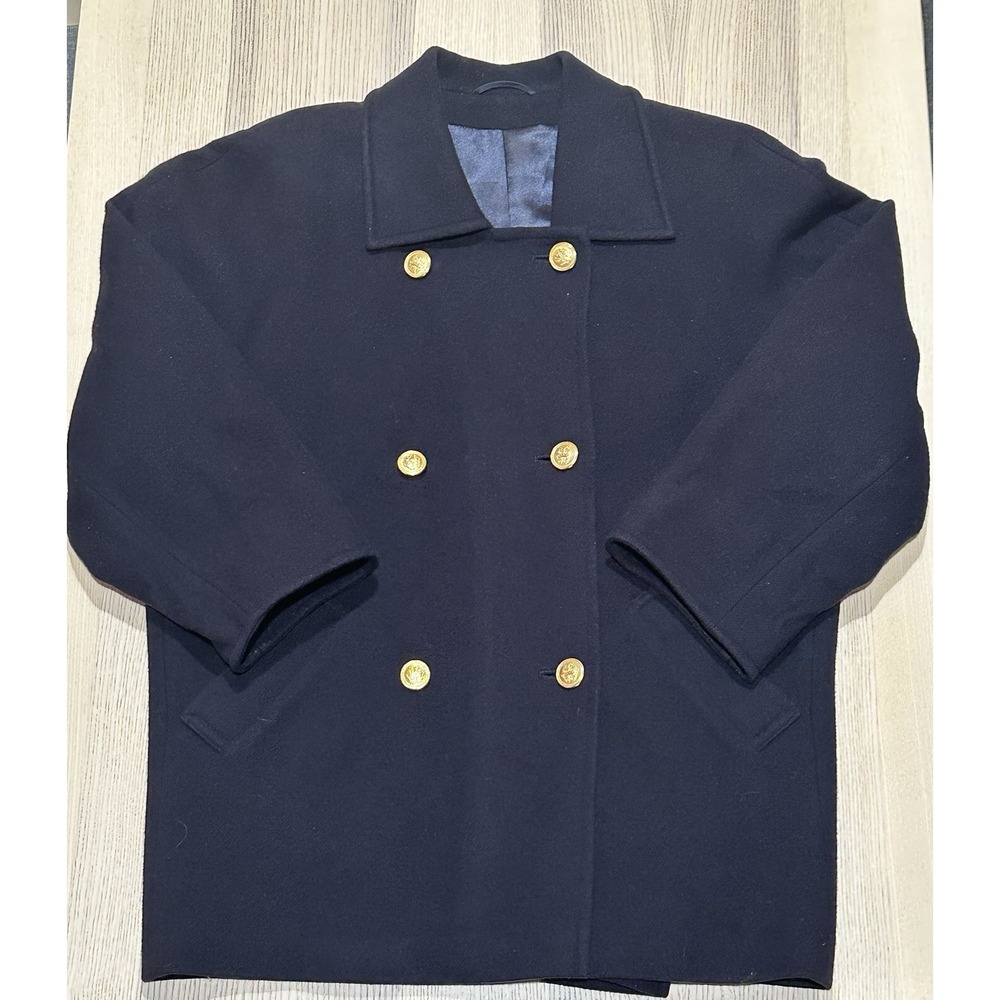 Vintage St Michael M & S Navy Blue 100% WOOL Coat W UK 10 Gold Colored Buttons